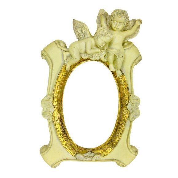 Vintage 3D Resin Rococo Gold Gild Cherub Angels Oval Hanging Picture Frame